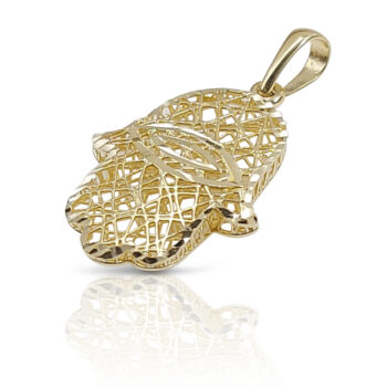 Gold Hamsa pendant in three-dimensional construction.